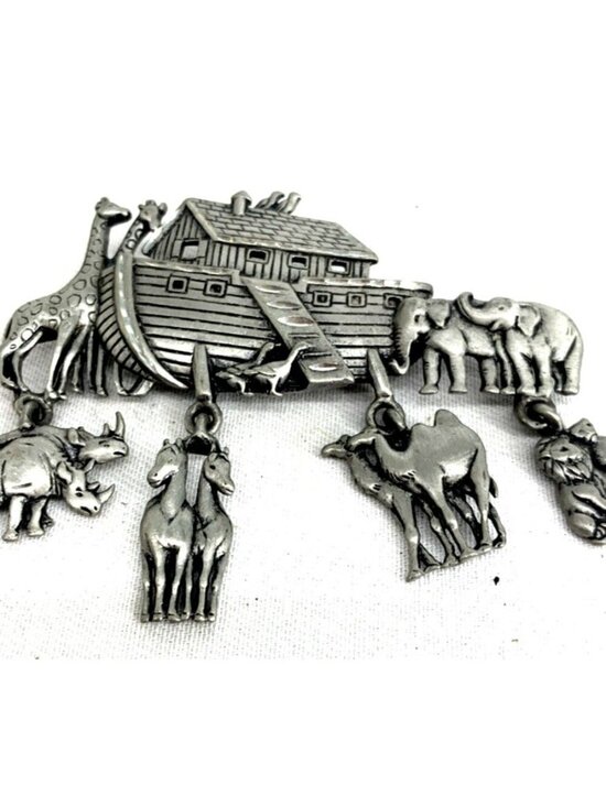 JJ Jonette Jewelry - JJ JONETTE Pewter Noah's Ark Dangling Animal Charms Brooch Lapel Pin 2.75"